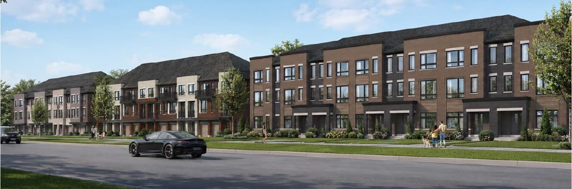 Streetscape of Derry Lane Towns townhomes along a landscaped road in Mississauga